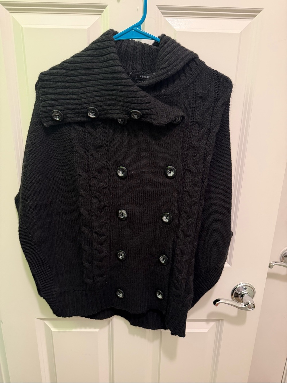 Vertigo Black Cable-Knit Double-Breasted Poncho Sweater